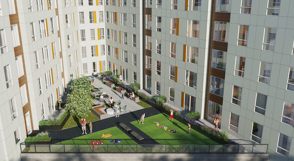 a rendering of a building with a park in front of it