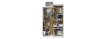 A detailed 3D floor plan of a small apartment.
