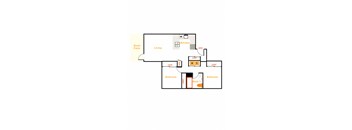 A diagram of a house layout with two bedrooms, a living room, a kitchen, a bathroom, a deck, and a closet.