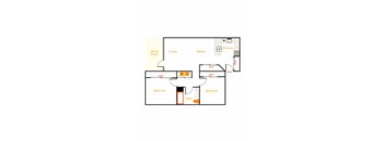 A floor plan of a house with two bedrooms, a living room, a dining room, a kitchen, a deck, a patio, and a bathroom.