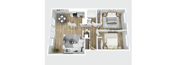 A top-down view of a modern, well-lit, and spacious living area with a kitchen, dining table, and a bedroom.