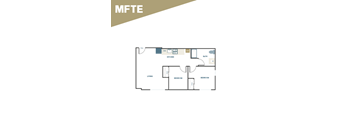 A floor plan of a house with a kitchen, bath, living room, and two bedrooms.