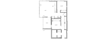 A floor plan of a house with a living room, dining room, kitchen, pantry, two bedrooms, a deck, and a bathroom.