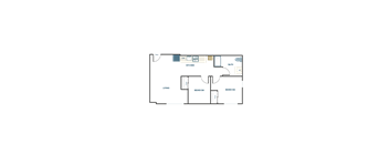 A floor plan of a house with a living room, two bedrooms, a bathroom, and a kitchen.