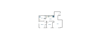 A floor plan of a house with a bathroom, kitchen, two bedrooms and a living room.