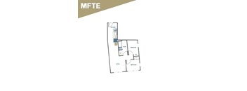 A floor plan of a house with a kitchen, two bedrooms, a bathroom, and a living room.