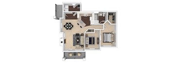 A floor plan of a house with a living room, kitchen, and two bedrooms.