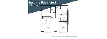 A floor plan of an income restricted home with a living room, two bedrooms, a bathroom, and a kitchen.