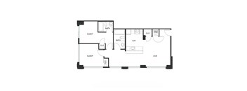 A floor plan of a small apartment with two bedrooms and a living room.