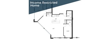 A floor plan of an income restricted home with a living room, dining room, kitchen, and bedrooms.