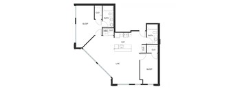 A floor plan of a house with a living room, dining room, kitchen, and two bedrooms.