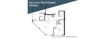 A floor plan of an income restricted home with a living room, two bedrooms, a bathroom, and a kitchen.