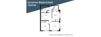 A floor plan of an income restricted home with a living room, two bedrooms, and a bathroom.