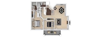 A floor plan of a house with a kitchen, living room, and bathroom.