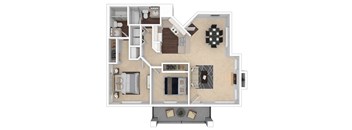 A floor plan of a house with a kitchen, living room, and bathroom.