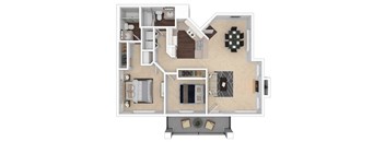 A floor plan of a house with a kitchen, living room, and bathroom.