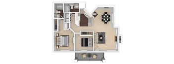 A floor plan of a house with a kitchen, living room, and bathroom.