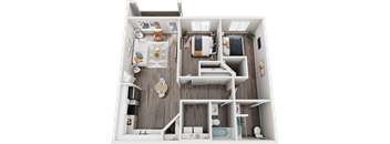 A top-down view of a small, neatly organized apartment with a kitchen, living room, and bathroom.