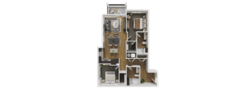 A 3D in-game model of a house with a kitchen, living room, and bathroom.