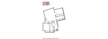 A black and white image of a floor plan for Session Apartments.