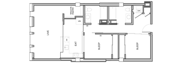 A floor plan of a house with a living room, dining room, kitchen, two bathrooms, and two bedrooms.