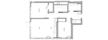 A floor plan of a house with labeled rooms such as sleep, live, eat, and bath.