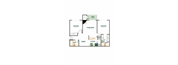 A floor plan of a house with two bedrooms, a living room, a dining room, a kitchen, a bathroom, a deck, and storage.