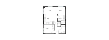 A floor plan of a small apartment with a living room, sleeping area, and bathroom.