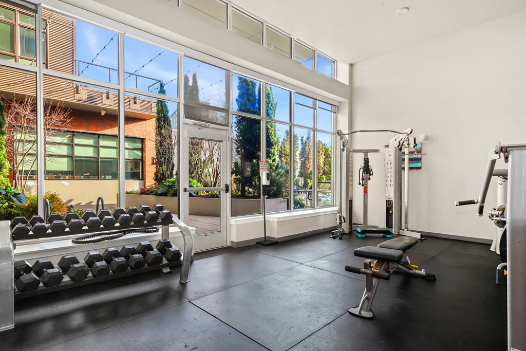 A gym with a view of a building and trees outside the window.