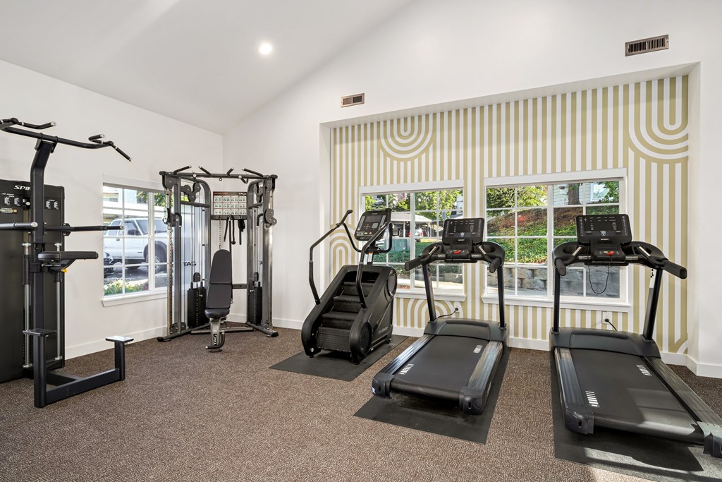 A gym with treadmills, a weight machine, and a stair climber.