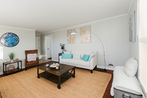A living room with a white couch, a coffee table, and a rug.
