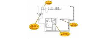 a floor plan of a room with a lot of storage and a full size barn door