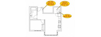 a floor plan of a house with two yellow circles next to it