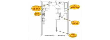 a floor plan of a house with yellow arrows pointing to different rooms