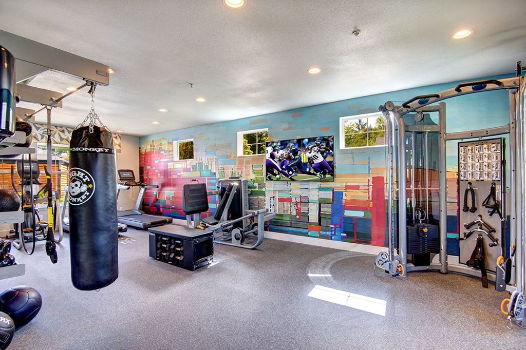 fitness center with cardio and weight equipment at Clock Tower Village, DuPont, 98327