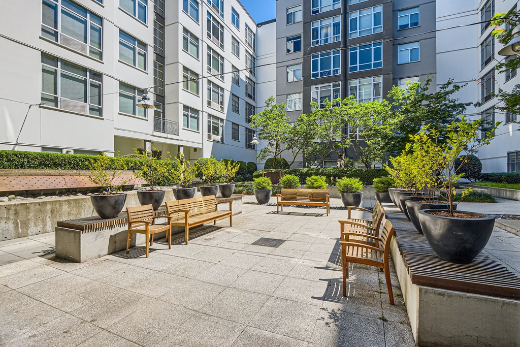 an outdoor patio with benches and trees in front of an apartment building
