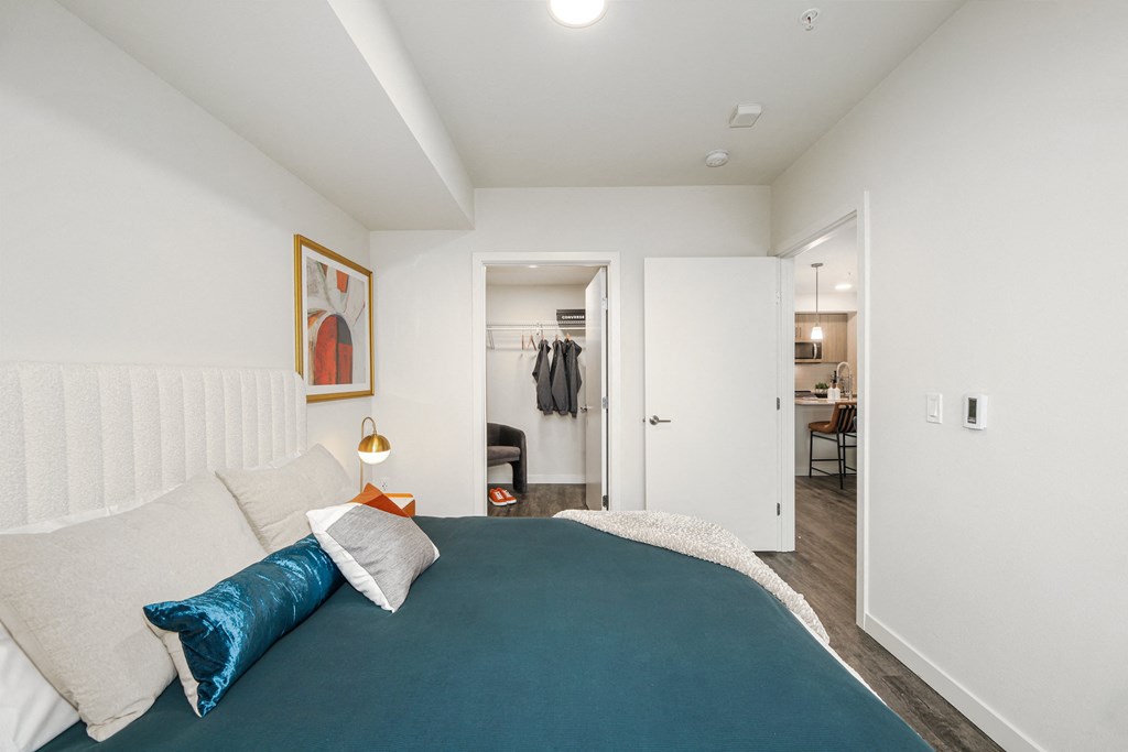 a bedroom with a large bed and a closet