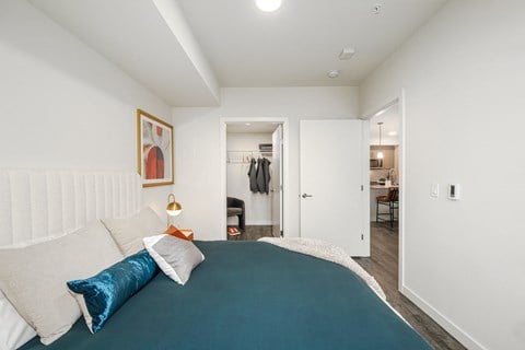 a bedroom with a large bed and a closet