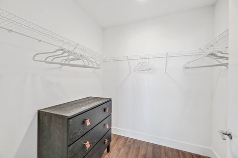 a closet with a dresser and hangers on the wall