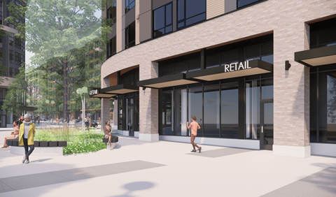 a rendering of the facade of a building with people walking in front of it