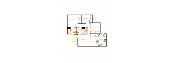 A floor plan of a house with three bedrooms, a living room, a dining room, a kitchen, a deck, and two bathrooms.