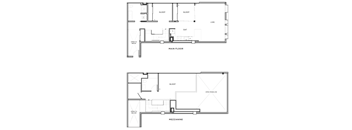 A floor plan of a house with two bedrooms and a mezzanine level.