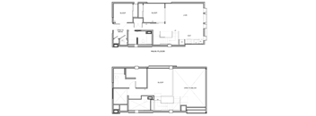 A floor plan of a house with two bedrooms, a living room, a kitchen, and a main floor.