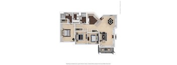 A floor plan of a house with a living room, dining room, kitchen, and two bedrooms.
