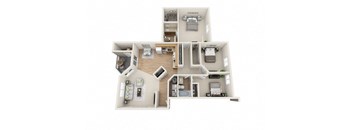 A 3D rendered image of a house layout.