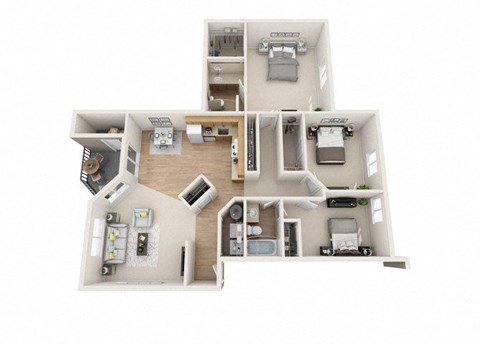 A 3D rendered image of a house layout.