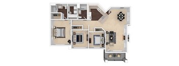 A floor plan of a house with a living room, kitchen, dining room, and bedrooms.