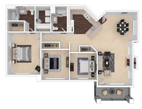 A floor plan of a house with a living room, kitchen, dining room, and bedrooms.