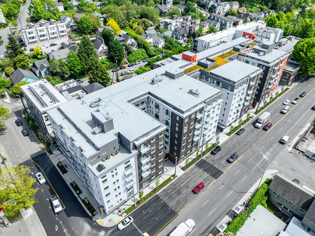 A bird's eye view of a city street with cars and buildings.