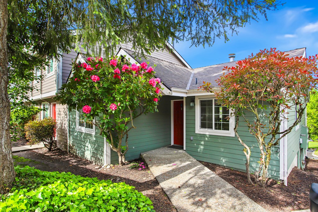 A green house with a red door and windows surrounded by trees and plants.